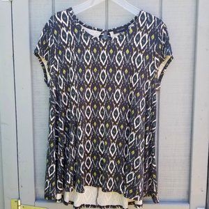 NWOT Karen Kane Ikat Print Crew-neck Cap-sleeve Hi-Lo Elliptical Top Made in USA